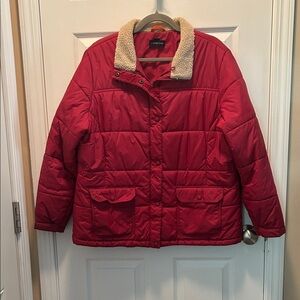 Lands' End Vibrant Red Puffer with Soft Cream Collar